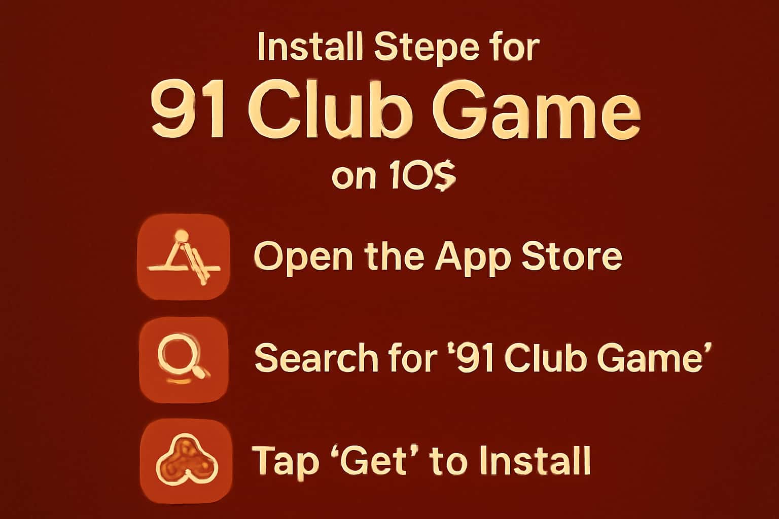 An informational scene showcasing the installation steps for 91 Club Game on iOS.